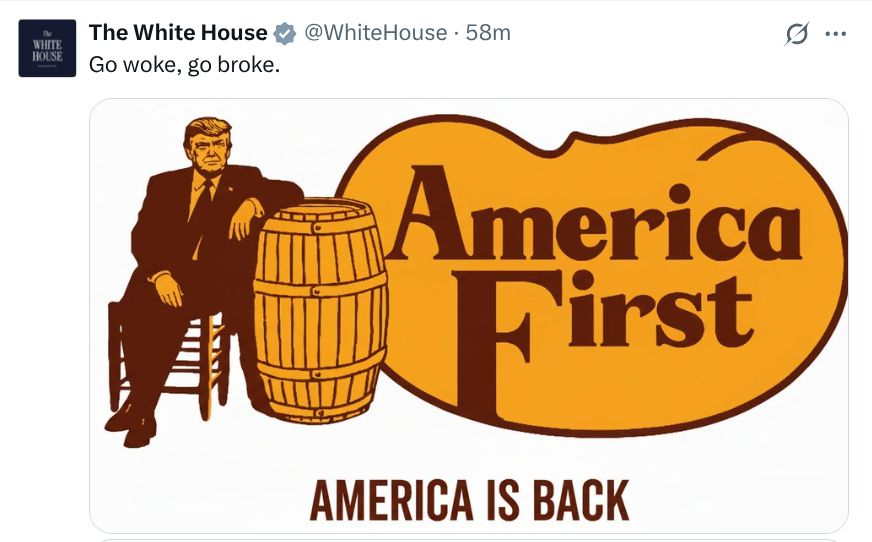 post on X from @WhiteHouse - Cracker Barrel logo with America First inside if (instead of Cracker Barrel) and the tag-line America is Back at the bottom