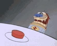 A goofy looking animal named Stimpy looks at a big red button in a sense of great anticipation, arms tightly at his side.