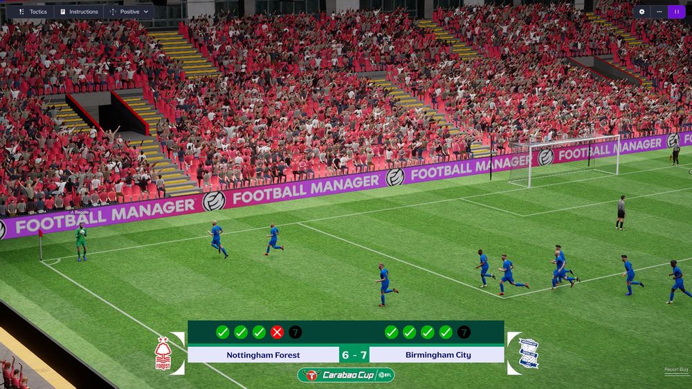 birmingham city beating nottingham forest 7-6 on penalties in the EFL cup, after a 2-2 draw, on football manager 26