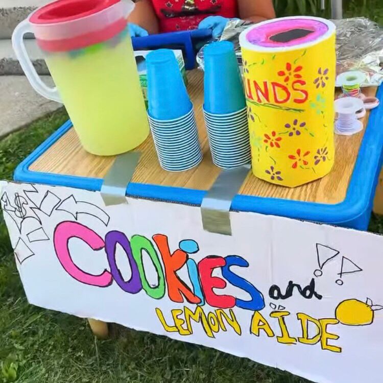 A small lawn table with cookies and lemonade and a hand-painted sign