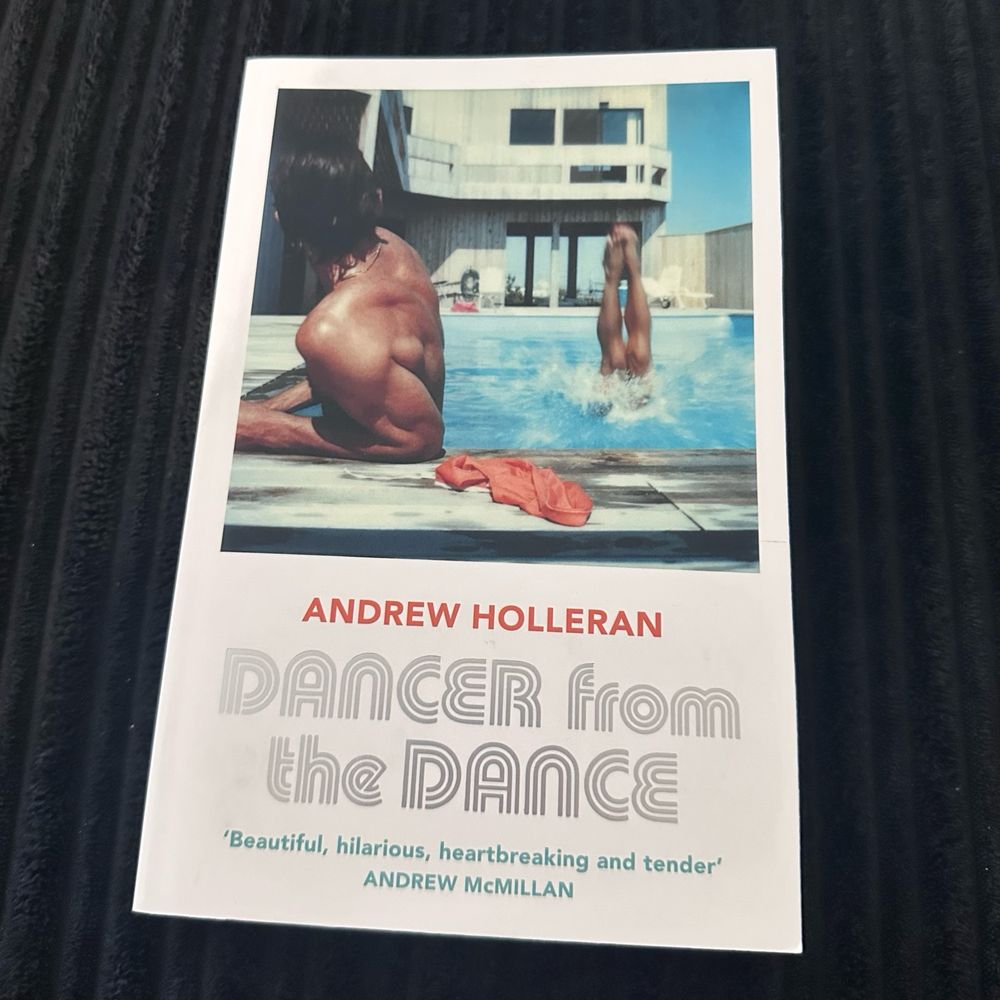 Book cover of Dancer from the Dance by Andrew Holleran. The image features two men at a pool: one is seated at the edge with his back to the camera, and the other is diving in, legs mid-air. A red towel lies nearby. The title is in stylised silver-grey text, with a quote below: “Beautiful, hilarious, heartbreaking and tender” — Andrew McMillan.