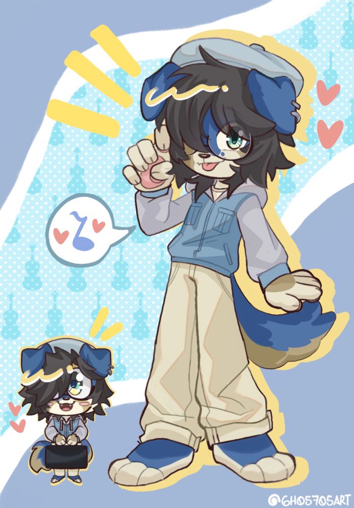 Cute furry dog with blue colors and a violín in the back 