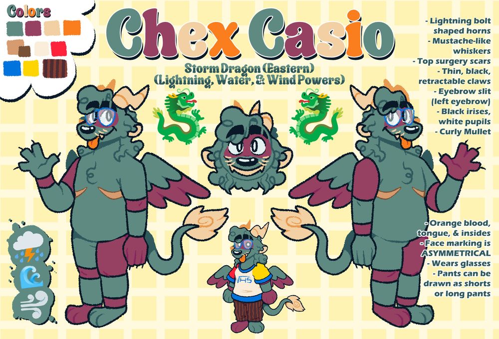 A reference image of the original poster's fursona, Chex Casio. There are two 3/4th angle non explicit nude drawings of the right and left side of Chex, along with a center view of its head and a small fullbody image of it with it's usual outfit on. There is a color palette in the top left corner, and small descriptive text on the right side of the image. The background is yellow checkered pattern. 