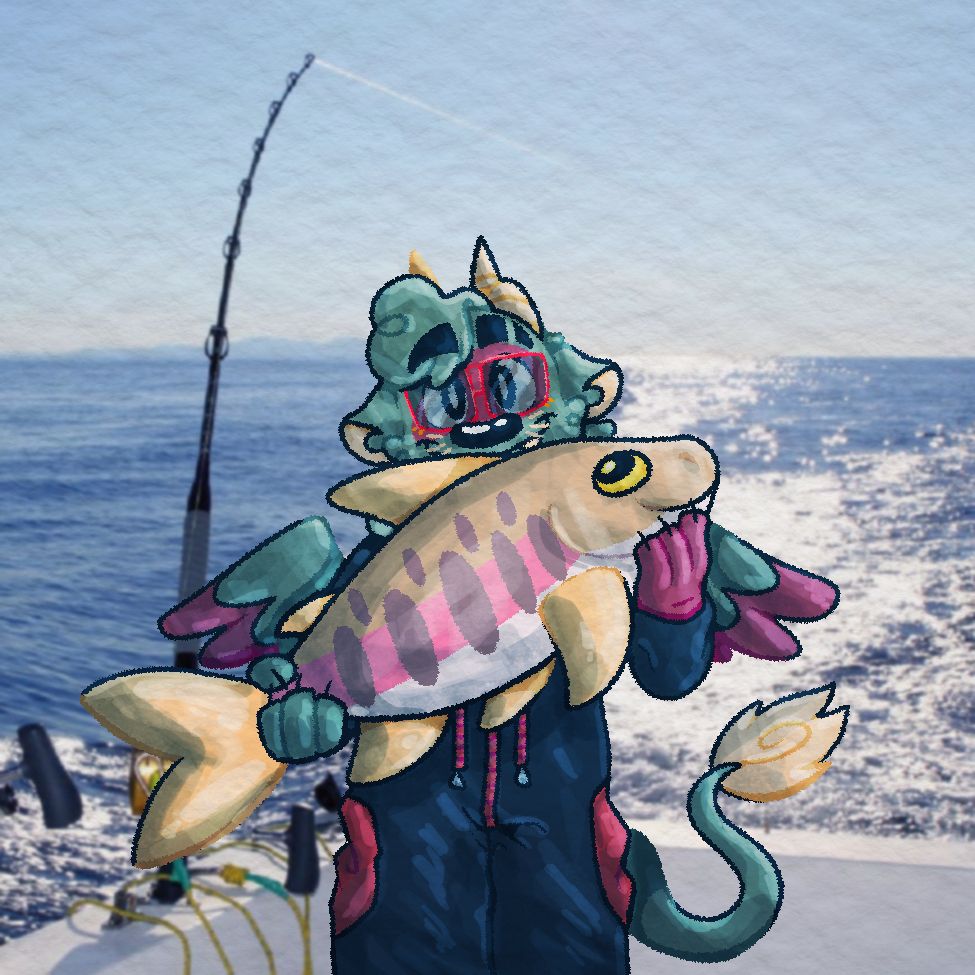 A drawing of a dragon holding an unusually large cherry salmon and smiling. The background is a photo of part of a fishing boat, the open ocean, and the blue sky.