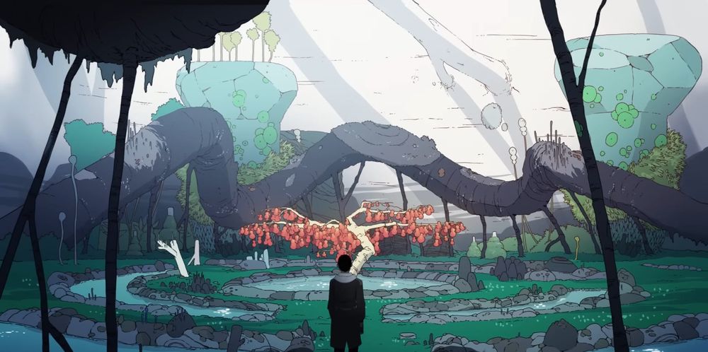 Screenshot of the tv series showing a hero lookin into the landscape of the strange planet