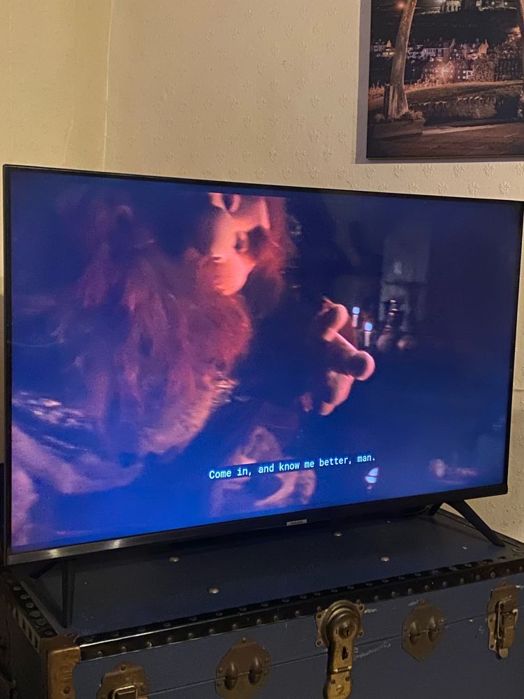 A tv with the muppet ghost of Christmas present 