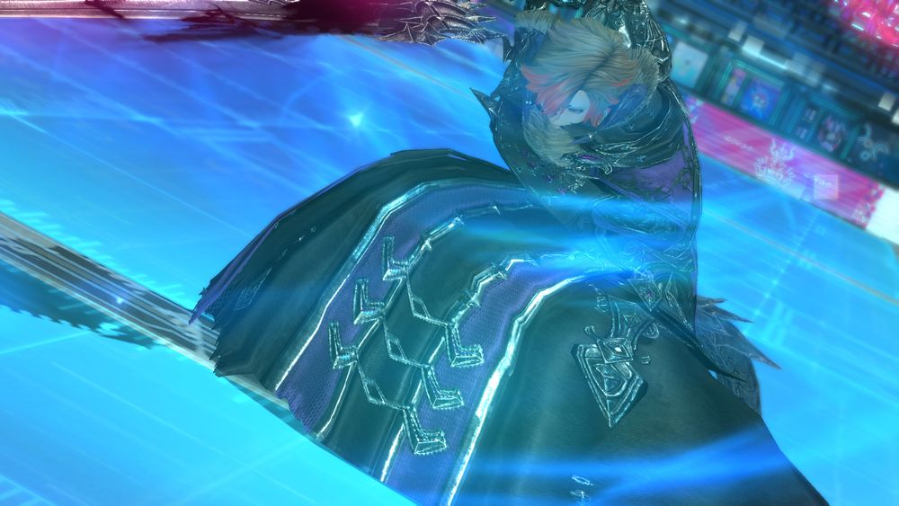 a xaela au ra with short wavy dark brown hair with red highlights wearing the fallen set squatting down to wave out with her great sword.