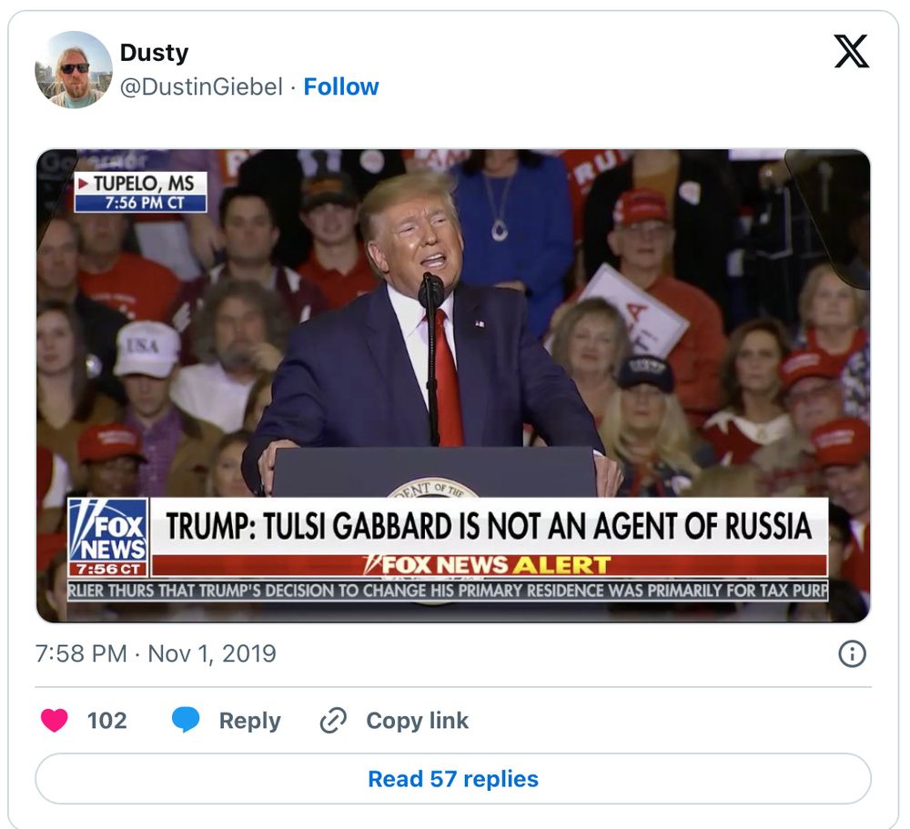 A tweet from Nov 1, 2019, with a Fox News chyron "Trump: Tulsi Gabbard is not agent of Russia"