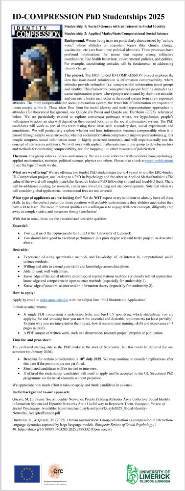 An image of a description for ID-COMPRESSION PhD Studentships 2025
Studentship 1: Social Sciences with an Interest in Social Identity
Studentship 2: Applied Maths/Stats/Computational Social Science

Full text PDF available at link 