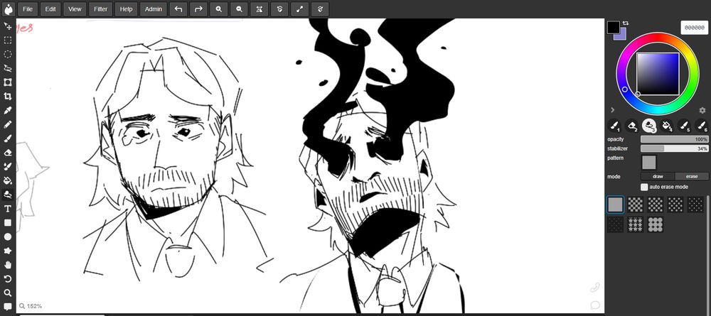 sketches of alan wake made in the magma web. first one is of alan looking down and sad, and the second one is of alan looking up while black smoke comes out of his eye sockets.