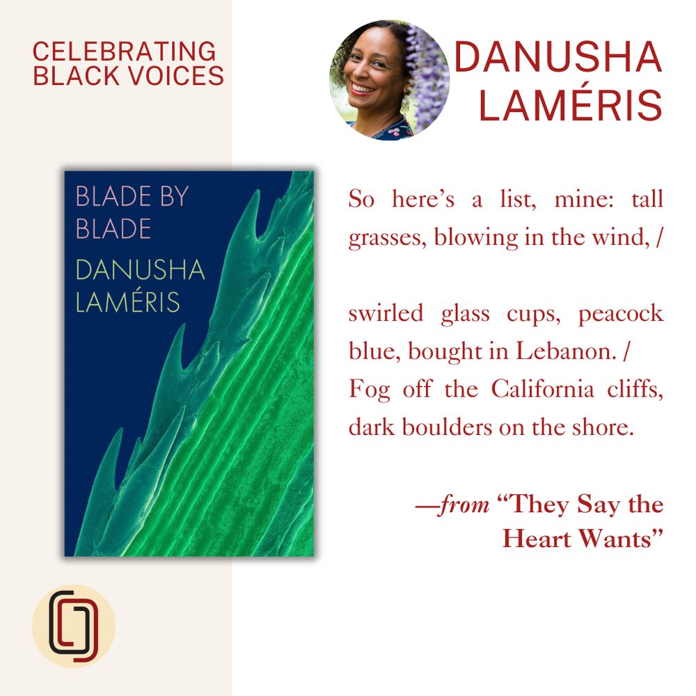 Graphic featuring the cover of BLADE BY BLADE by Danusha Laméris, a photo of the author, and a poetry excerpt from “They Say the Hearts Wants” that reads:

So here’s a list, mine: tall grasses, blowing in the wind, /

swirled glass cups, peacock blue, bought in Lebanon. /
Fog off the California cliffs, dark boulders on the shore.