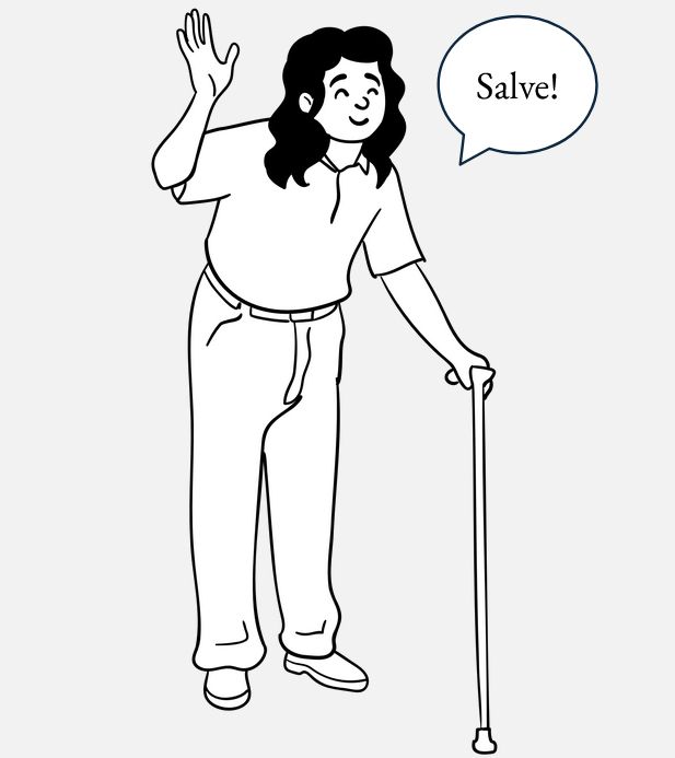 a close-up of the cartoon woman with a cane from the previous image. A speech bubble to her right reads "salve!" - or hello in Latin.