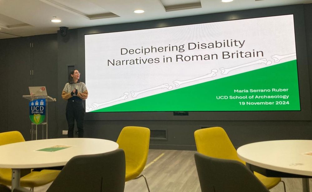 Maria giving a presentation titled Deciphering Disability Narratives in Roman Britain at UCD. 