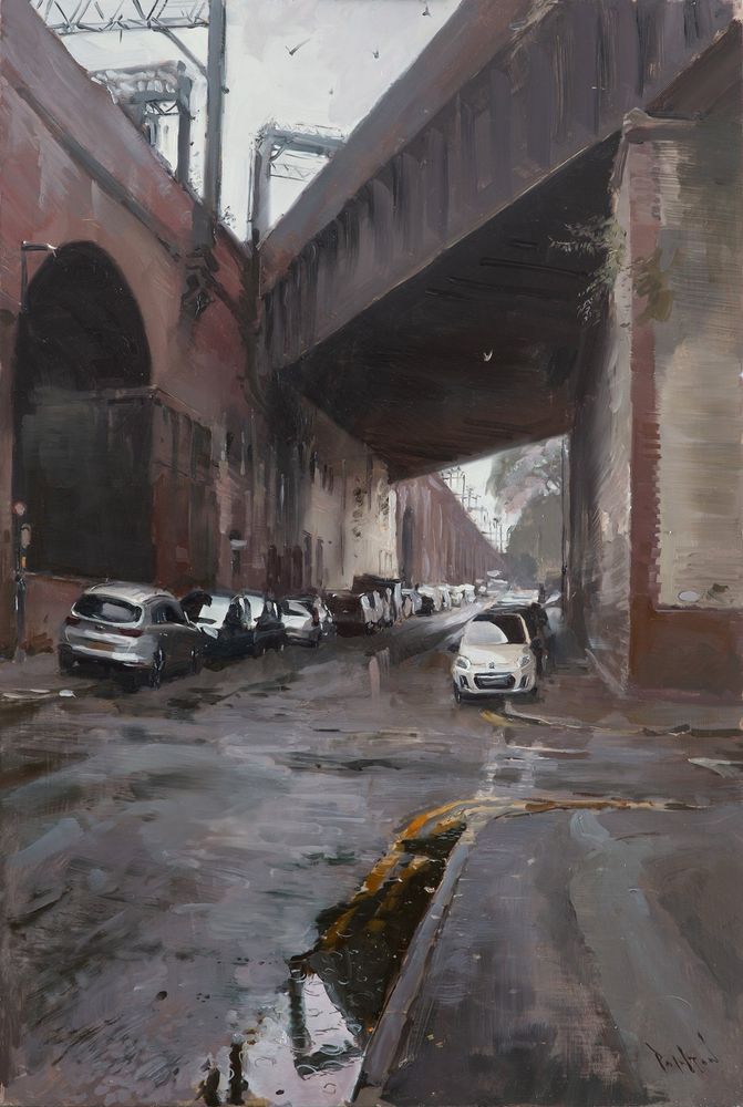 Oil painting of a back street in Manchester