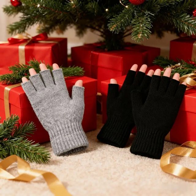 A christmas themed sales image, taken off of the internet, three fingerless gloves, with the fingers in the gloves, not attached to an arm or body, leaning up against some red wrapped Christmas gifts.