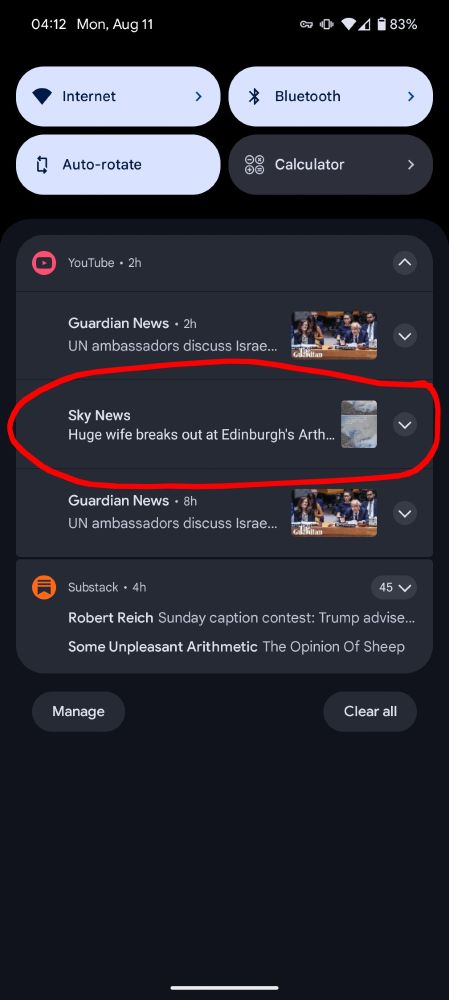 A screen capture from my phone, today. A Sky News headline reads "Huge wife breaks out at Edinburgh's Arthur's Seat"