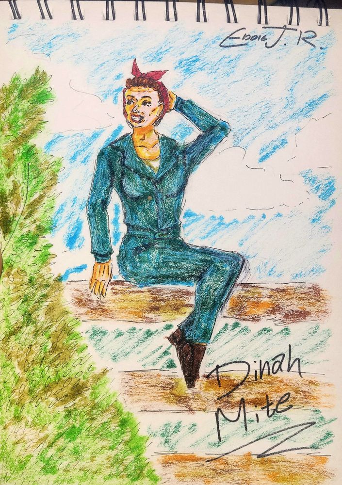 A drawing of Dinah Mite from Green Lantern Volume 1 Issue 13. She is a white woman with short dark orange hair and a red headscarf. She wears a cyan jumpsuit and brown loafers. She's sitting on a fence, with her right hand on the fence and her left behind her head. Her body is facing to her left and her head is facing the opposite. There's a green bush next to her 