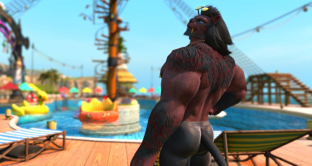 A hrothgar standing next to a festive pool and reclining loungers, viewed from the back looking over his shoulder. He has gold-lensed sunglasses on his forehead and he's wearing a black pair of very tight-fitting swim shorts.