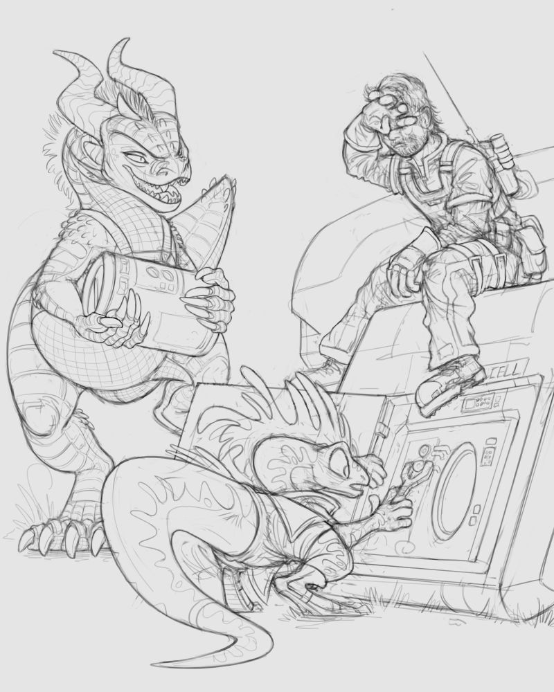 Early sketch of an alien dinosaur, lizard and a dude fixing a ship together