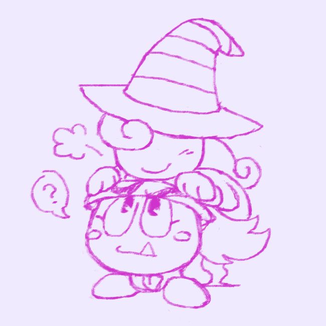 A doodle of Vivian and Goombella from Paper Mario: TTYD. Vivian is resting on Goombella's head, who looks at her quizzically.