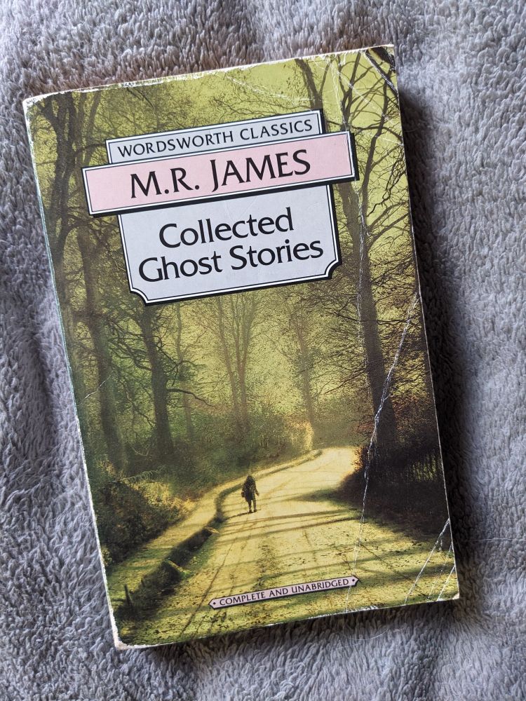 A photo of a copy of the 1992 Wordsworth Classics edition of the Collected Ghost Stories of M.R. James. The cover art is the painting Moonlight Walk by John Atkinson Grimshaw.