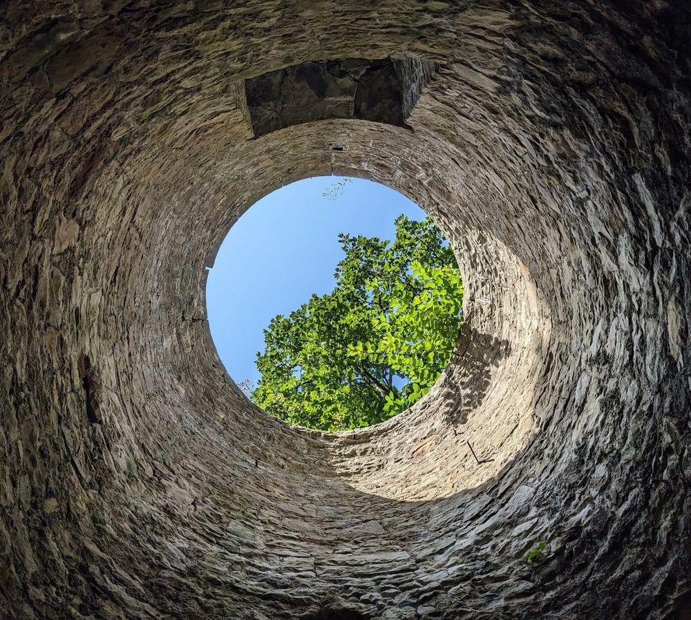 A photo looking up through a circular stone tower to its open top. Blue sky and a tree seen beyond. Sunshine is coming in across the top of the tower and shining on part of the inside wall.