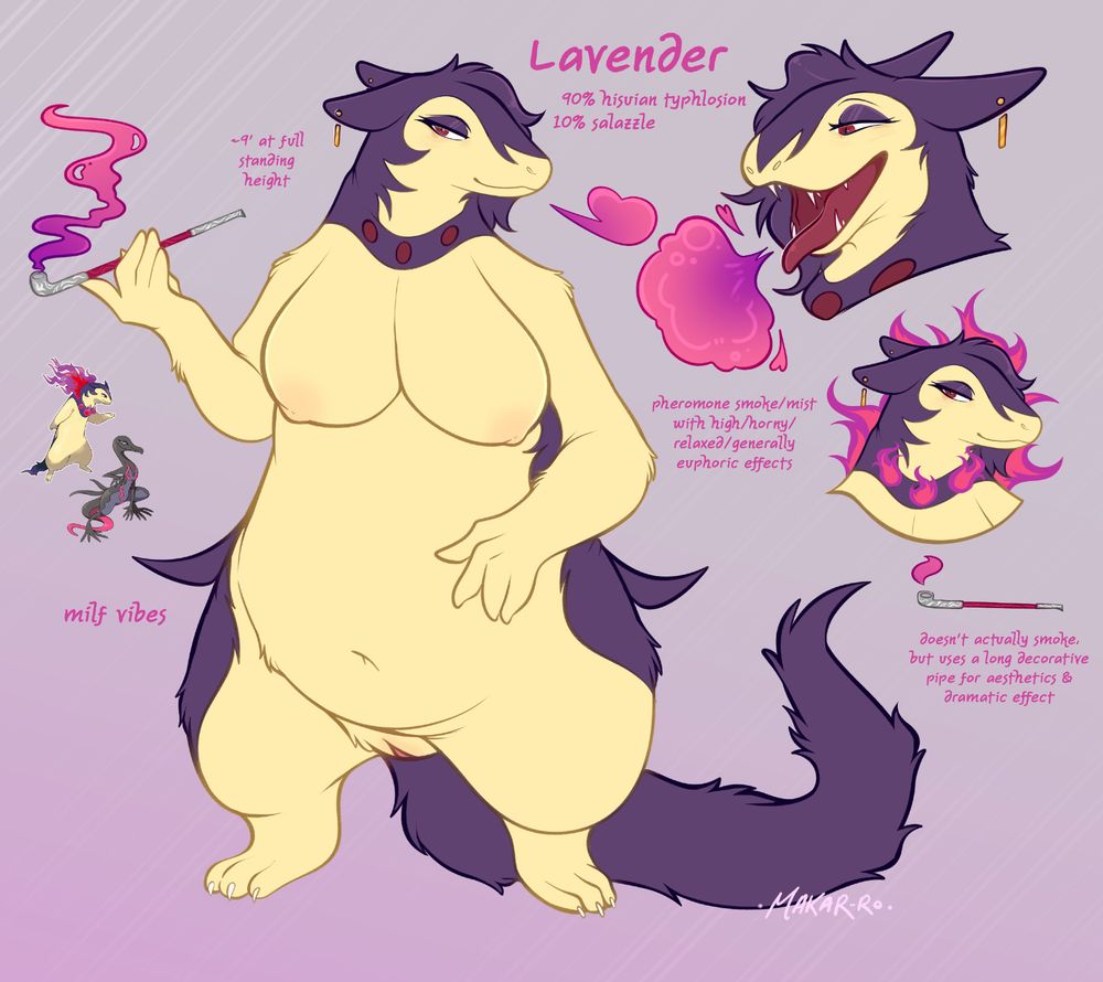 Small ref sheet of my Hisuian typhlosion Lavender.
Text on image mentions she's roughly 9 feet tall, she's 90% Typhlosion and 10% Salazzle, she has milf vibes, her smoke/mist/breath has euphoric effects, and she has a decorative pipe that she just uses for the aesthetic rather than to actually smoke anything.