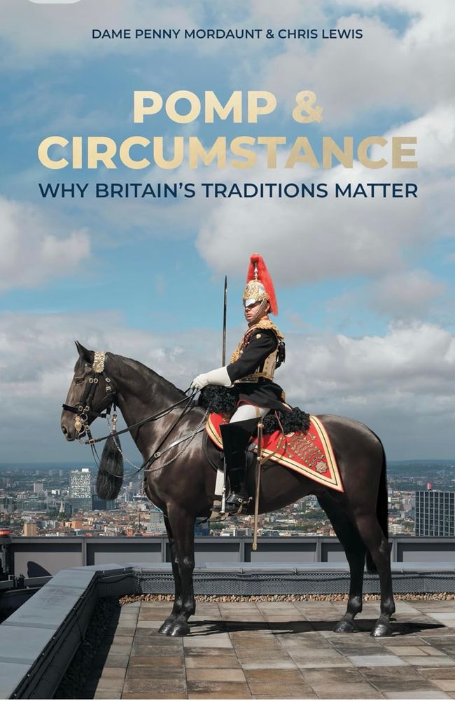 The cover of a book called Pomp and Circumstance - with a man on horseback, on a roof, looking over London 