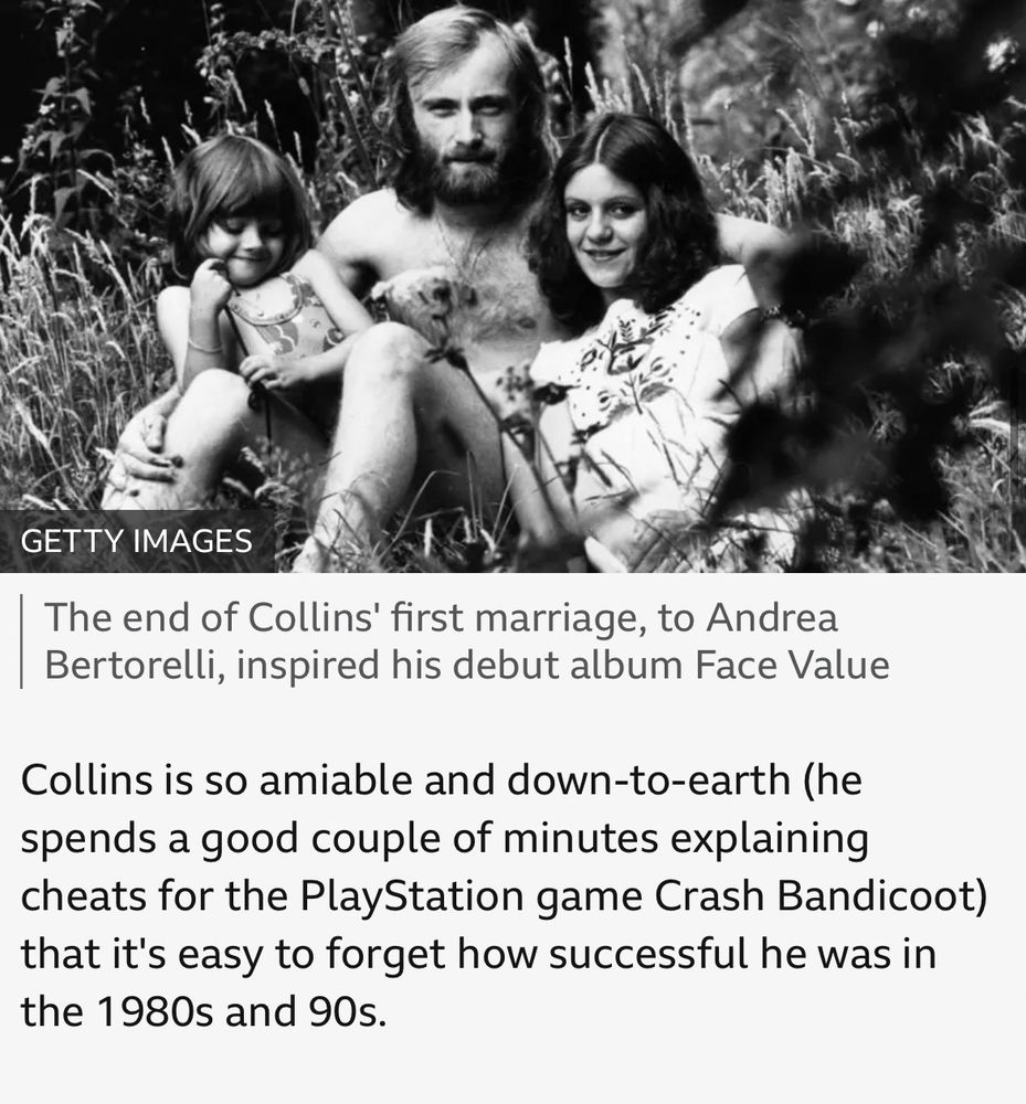 A photo of Phil Collins and his first wife, above a piece from an interview where he admitted to knowing all the cheat codes to Crash Bandicoot 
