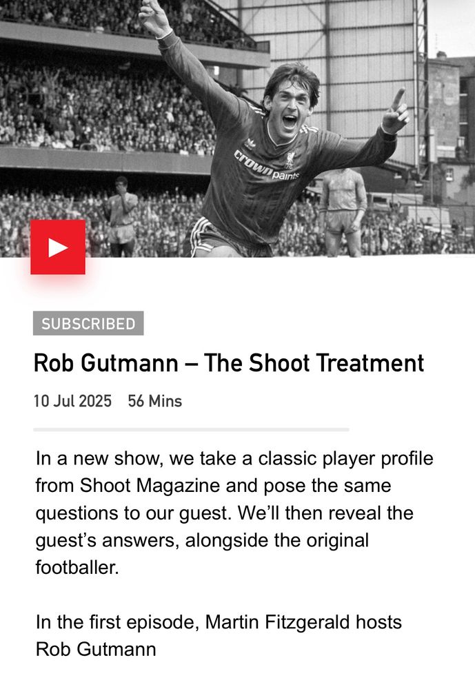 A podcast preview of an Anfield Wrap show called The Shoot Treatment. The text reads - In a new show, we take a classic player profile from Shoot Magazine and pose the same questions to our guest. We’ll then reveal the guest’s answers, alongside the original footballer. In the first episode, Martin Fitzgerald hosts Rob Gutmann