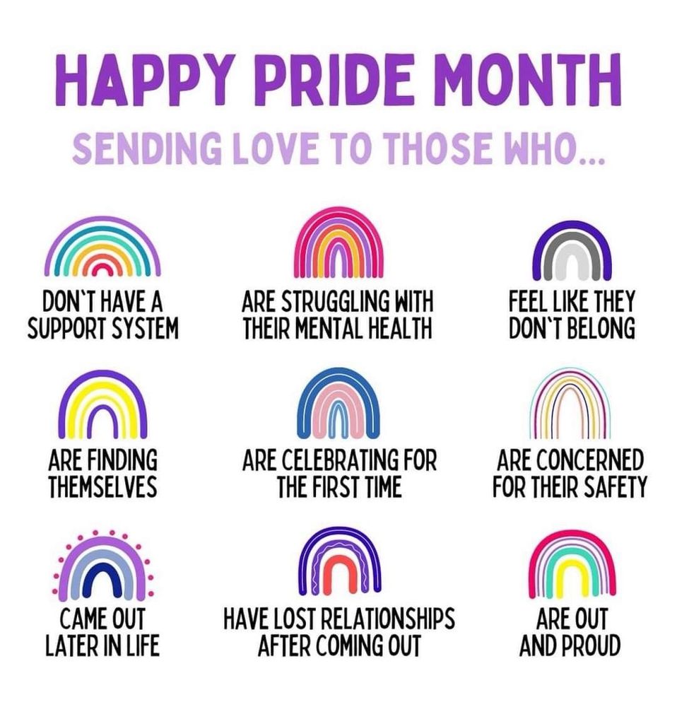 HAPPY PRIDE MONTH SENDING LOVE TO THOSE WHO...


DON'T HAVE A SUPPORT SYSTEM 

ARE STRUGGLING WITH THEIR MENTAL HEALTH

FEEL LIKE THEY DON'T BELONG

ARE FINDING THEMSELVES

ARE CELEBRATING FOR THE FIRST TIME

ARE CONCERNED FOR THEIR SAFETY

CAME OUT LATER IN LIFE

HAVE LOST RELATIONSHIPS AFTER COMING OUT

ARE OUT AND PROUD