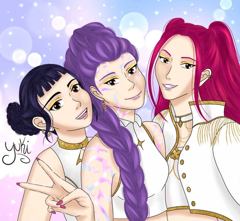 Rumi, Mira, and Zoey from K-Pop Demon Hunters smile as they stand side by side. They're dressed in white and gold. Rumi's patterns are iridescent, and she's giving the victory sign.