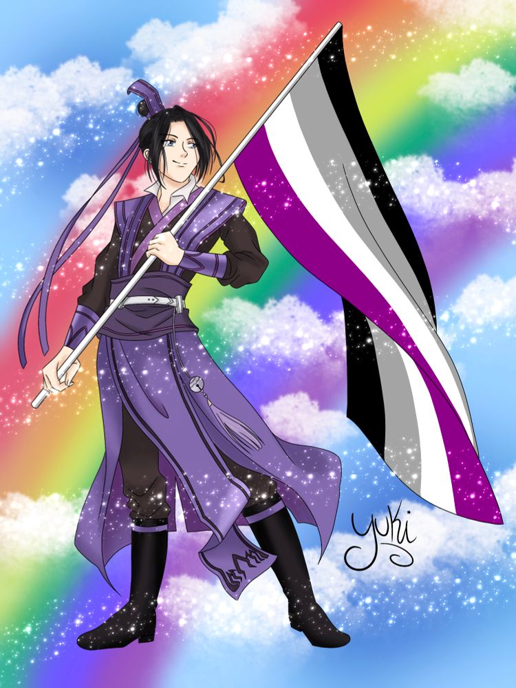 Jiang Cheng from Mo Dao Zu Shi, full-length and with a satisfied smile, waving an Ace flag. In the background, a rainbow in a clear sky, some white clouds, and a trail of glitter.