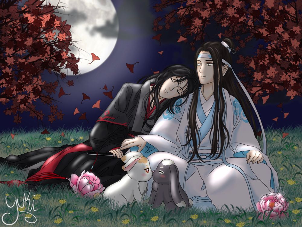 Wei Wuxian and Lan Wangji sit in a meadow. Wei Wuxian has his eyes closed and his head rests on Lan Wangji's shoulder, who looks at him tenderly, touching his hand. In front of them, two rabbits are kissing. Behind them, autumn leaves are falling and the moon is in the sky.