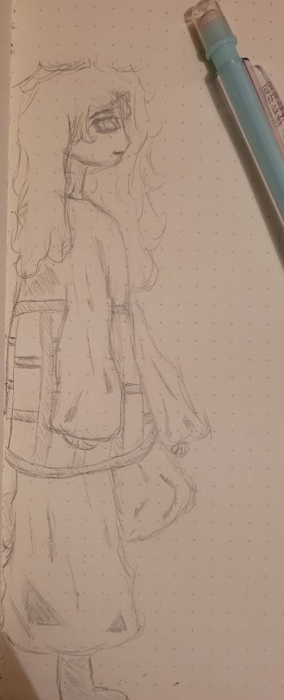 A sketch of Suguru Geto from Jujutsu Kaisen. The drawing is done in pencil, and it's not colored. Most of the lines are messy. He is wearing very baggy clothing. He's leaning back, and his leg is bent so that his foot his against whatever he's leaning against.