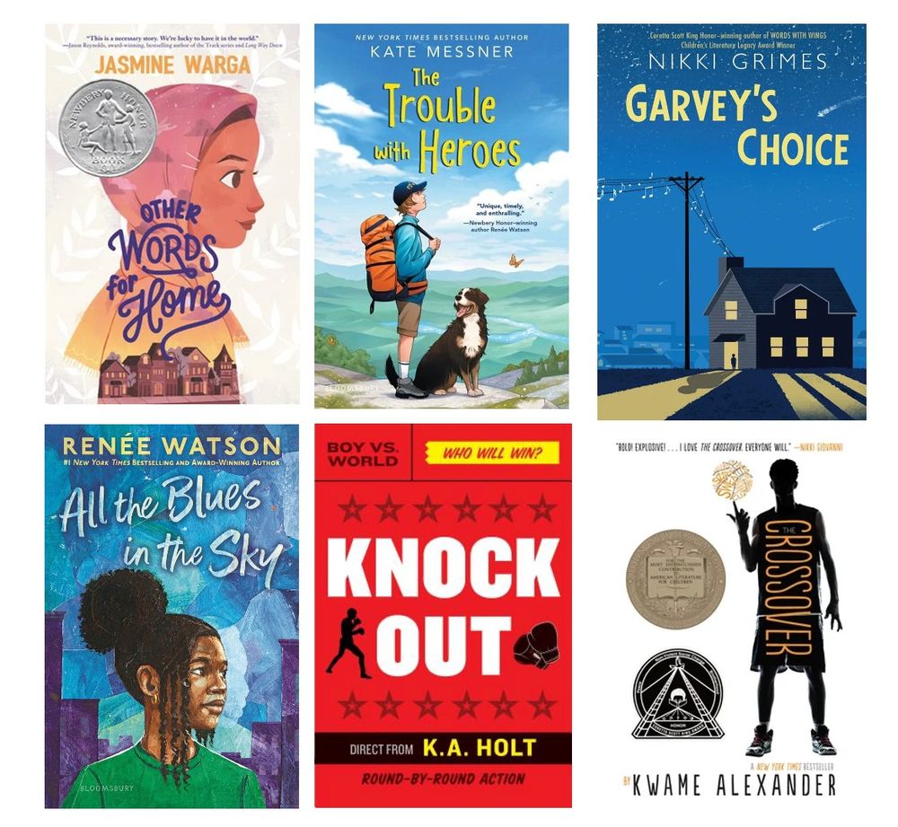 Collage of book covers - OTHER WORDS FOR HOME, a white background with a brown-skinned girl in a pink/peach hijab on the cover , THE TROUBLE WITH HEROES blue background with a light-skinned boy with an orange backpack on a mountain summit with a Bernese mountain dog, GARVEY'S CHOICE, with a house with lighted windows against a blue night sky, ALL THE BLUES IN THE SKY with a girl with brown skin and braids against a collaged blue city sky, KNOCK OUT with a red cover and the silhouette of a boxer on the cover, and THE CROSSOVER, with a white cover and the silhouette of a tall boy spinning a basketball on his finger. 