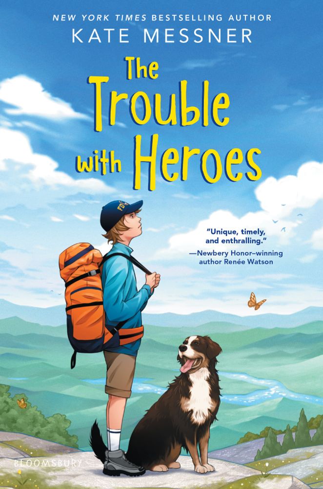 Book cover THE TROUBLE WITH HEROES shows a surly 7th grade boy with a backpack and FDNY baseball hat standing on top of a mountain, looking into the distance. A drooly Bernese Mountain Dog looks up at him adoringly.
