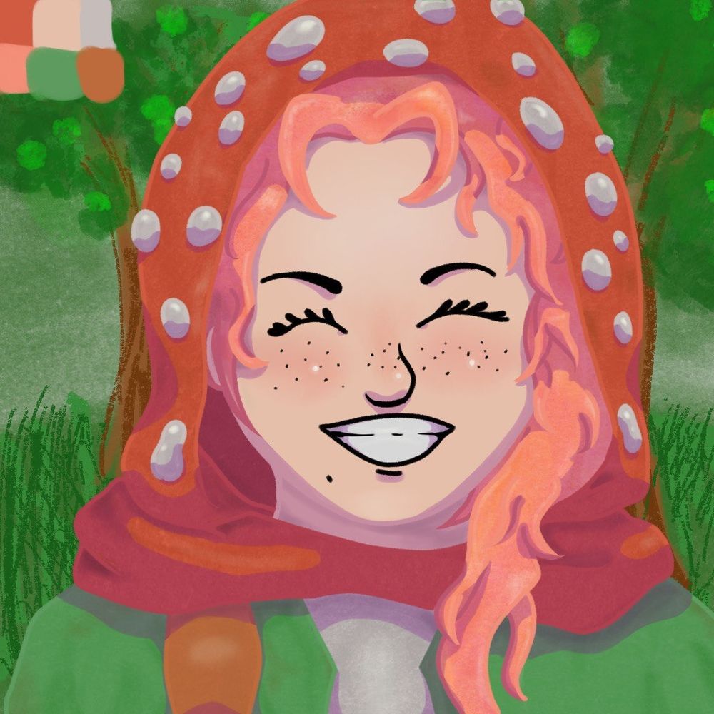 Illustration of a young ranger halfling with a mushroom hood. The lineart is colored like the inside 