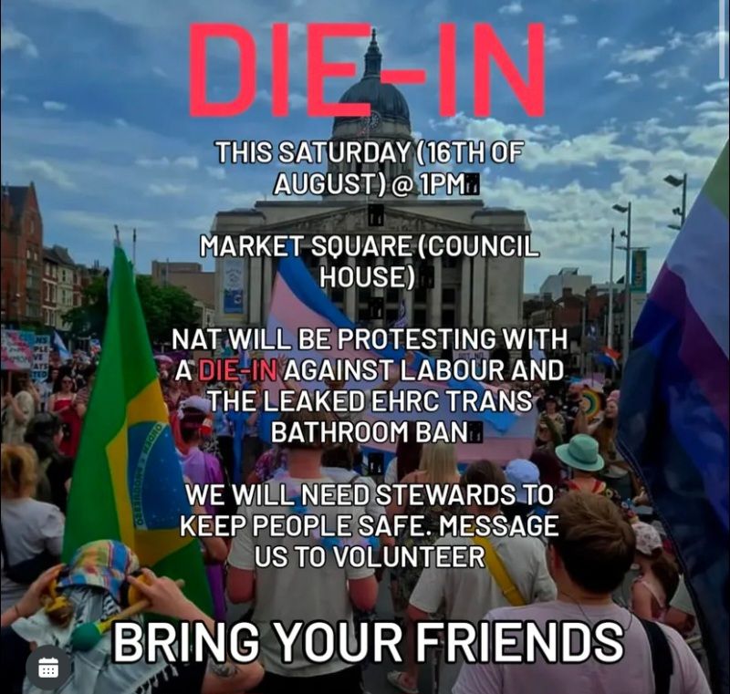 Picture of the Nottingham Council House. Pride March in front. Text as per message body.