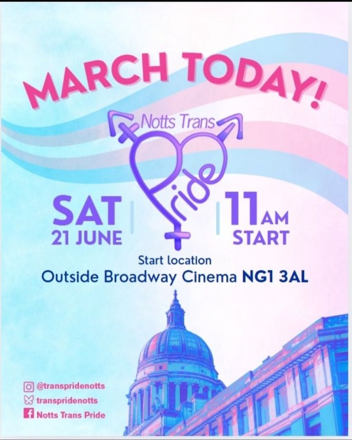 March Today !


Notts Trans Pride Logo


Sat 21st June 11am start


Start location outside Broadway Cinema NG1 3AL 


Picture with trans colours is of the Nottingham Council House

