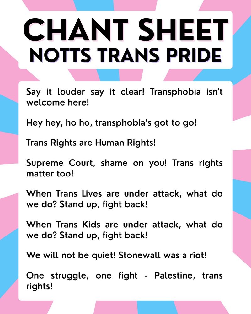 Say it louder say it clear! Transphobia isn't welcome here!

Hey hey, ho ho, transphobia’s got to go!

Trans Rights are Human Rights!

Supreme Court, shame on you! Trans rights matter too!

When Trans Lives are under attack, what do we do? Stand up, fight back!

When Trans Kids are under attack, what do we do? Stand up, fight back!

We will not be quiet! Stonewall was a riot!

One struggle, one fight - Palestine, trans rights