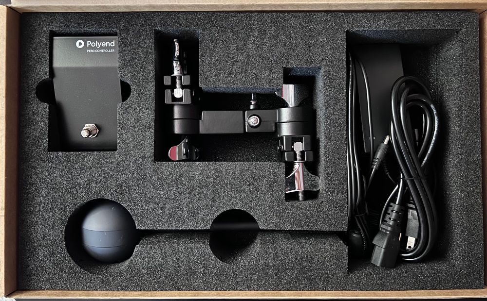 Close up shot of the Polyend Perc still in its box.