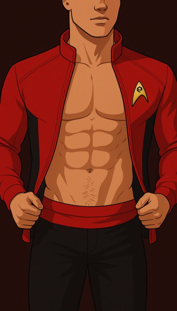 Open red jacket showing male body in a red Starfleet uniform 