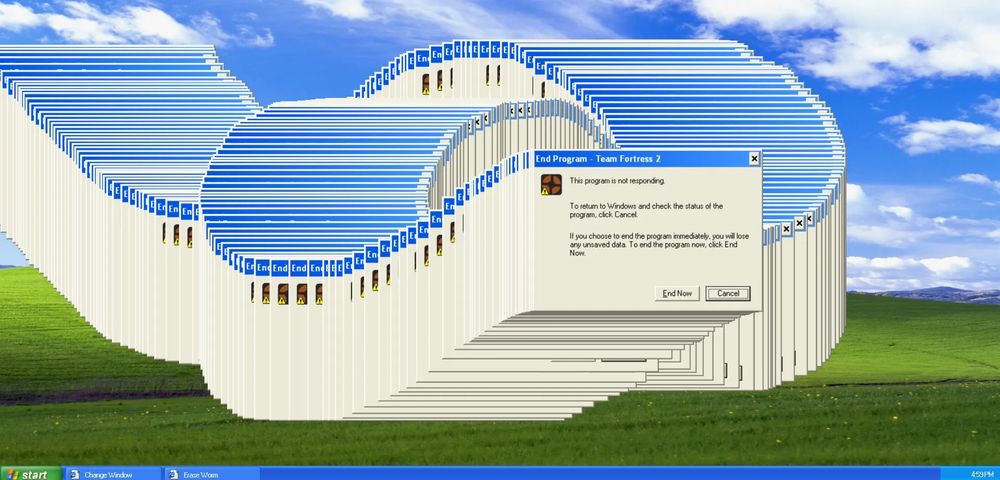 Screenshot of a Windows XP computer undergoing a graphical glitch, which causes an open window to leave shadow copies of itself all over the desktop, forming a weird cascading ribbon pattern as it moves around.