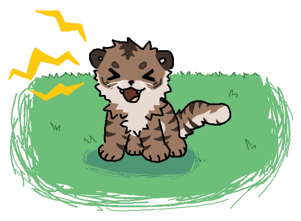 a drawing of flint (brown male tiger) with the proportions of a puppy, sitting on the grass. he has his eyes scrunched shut and his mouth open wide and smiling. there are yellow lightning bolts to show his roar and excitement