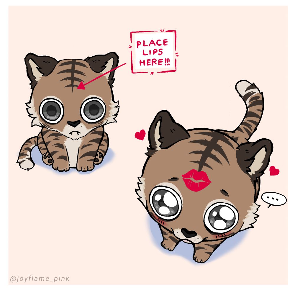 two pictures of a small flint (brown male tiger). in the first picture he's sat down with a blank look on his face, and an arrow points to his forehead labelled "place lips here!!!". in the second he's looking up at the viewer with watery eyes, a kiss mark on his forehead, and hearts around him