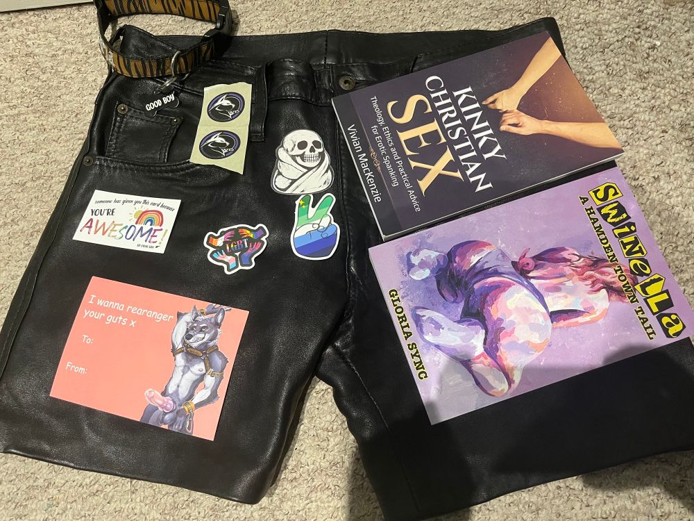 a pair of leather shorts on the floor. on top are a collar with a “good boy” tag, various stickers, two books (kinky christian sex, swinella), and two cards (one saying “you’re awesome”, and another saying “i wanna rearanger your guts” featuring weredog’s ranger)