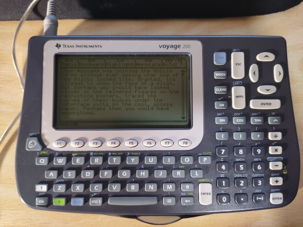 Texas Instruments Voyage 200 calculator with the opening paragraph of pilot displayed