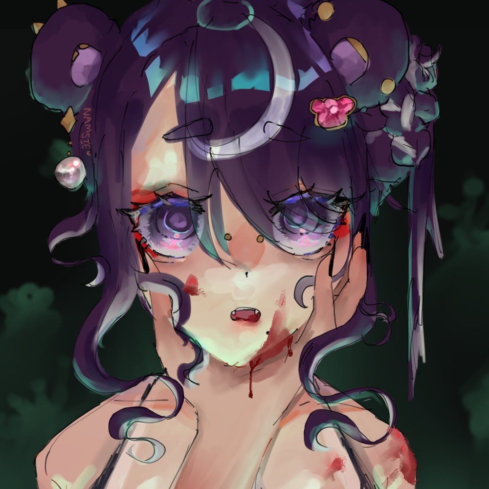 this piece is from the perspective of someone looking head-on with my oc. a feminine clawed hand is holding the face of my oc lovingly, who has blood dripping off their face and is sporting a hallowed, horrified expression. the implication is that the clawed hand influenced the character to do something bad, but the audience doesn't know what.