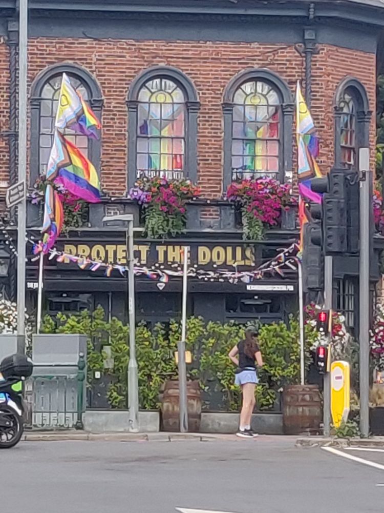 Photo shows a Brighton pub, flying intersectional pride flags, and the words Protect The Dolls painted on the front.